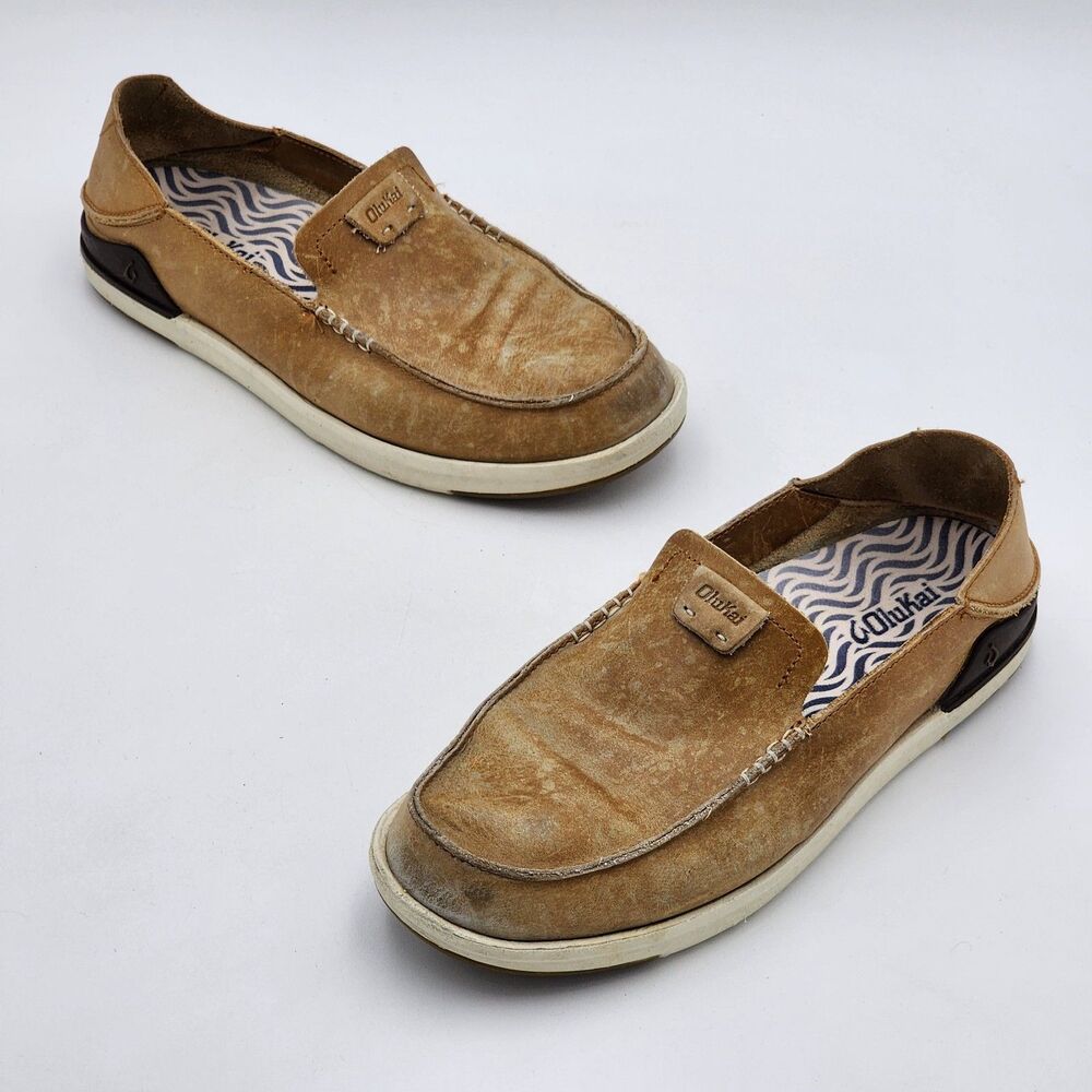OluKai Kakaha Leather Slip On Loafer Shoes Tan Brown Men's Size 9